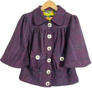 Nuvula Checker Peter Pan Jacket Coat Button Front 3/4 Bell Sleeve Bird Plaid - S